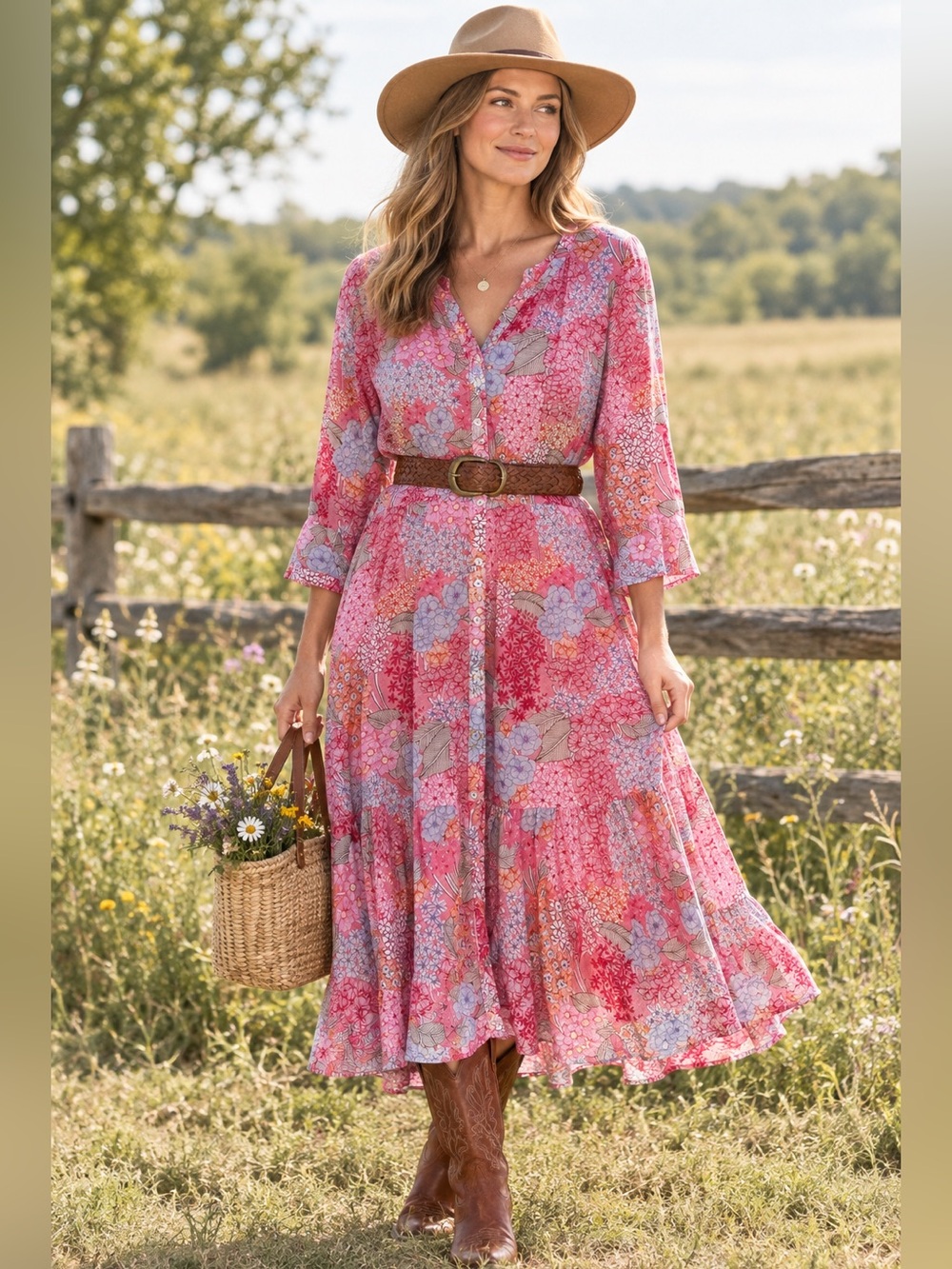 Talbots Pink Multicolor Clustered Garden Floral Print Cotton Shirtdress Size 8